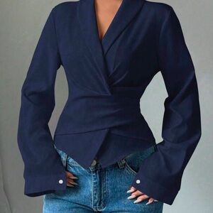 Chic Elegant Asymmetrical Draper Collar Cinched Waist Blouse